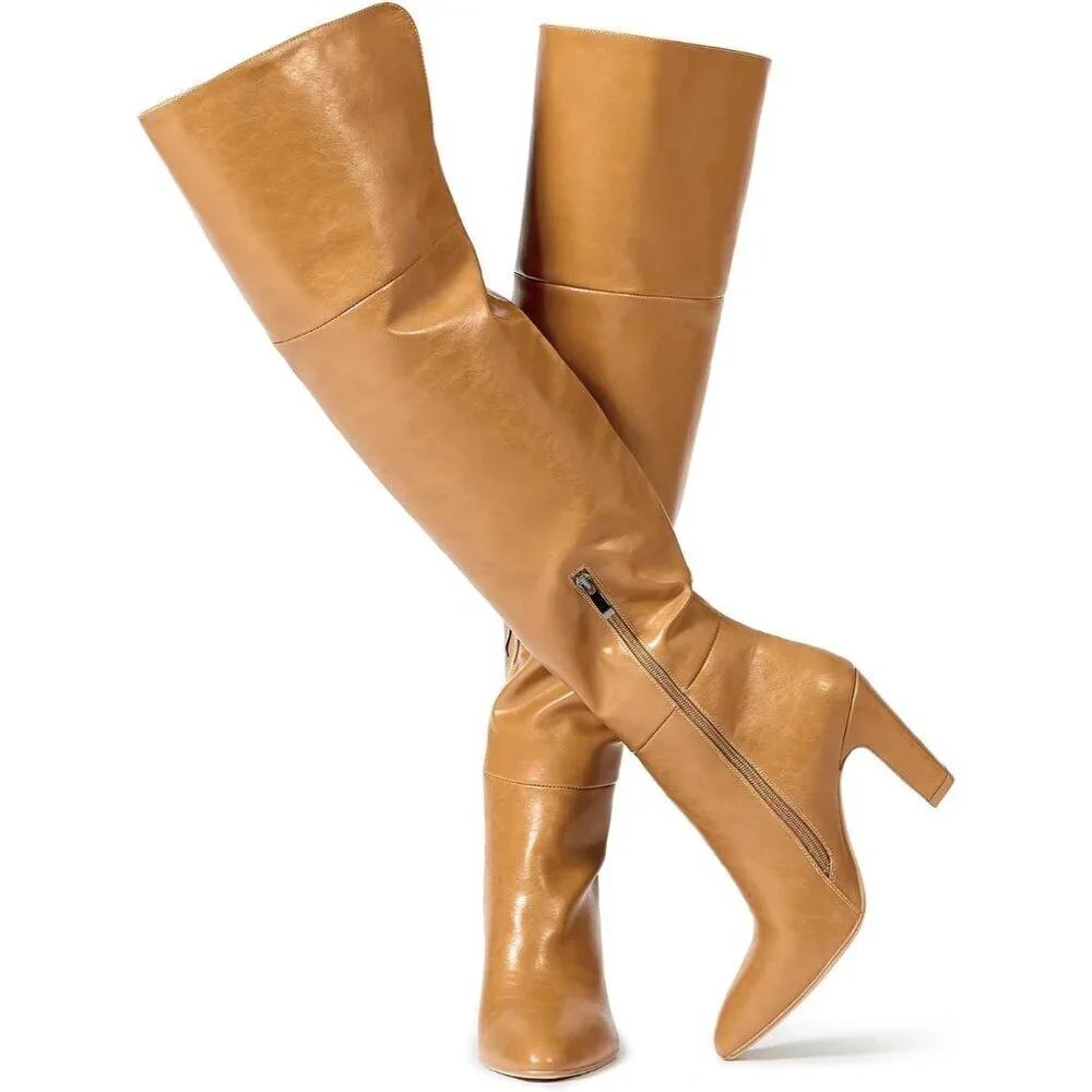 Women Camel Faux Leather Chunky Heel Side Zipper Thigh High Over the Knee Boot